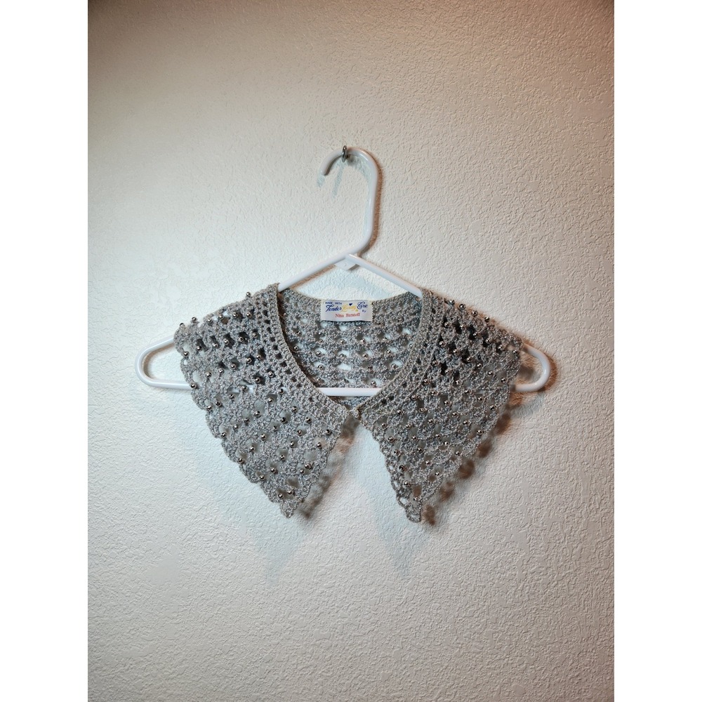 Vintage Beaded Crochet Detachable Collar by Nina Baratoff Silver Metallic Lace